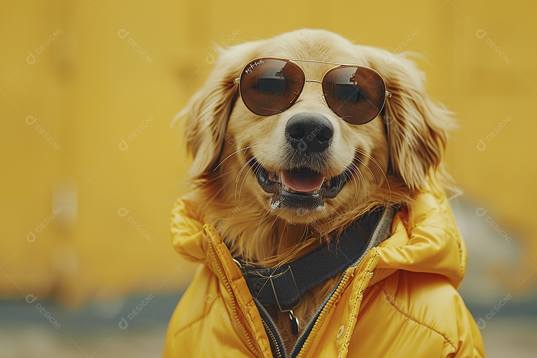 Golden Retriever vestindo roupas e óculos de sol em fundo isolado