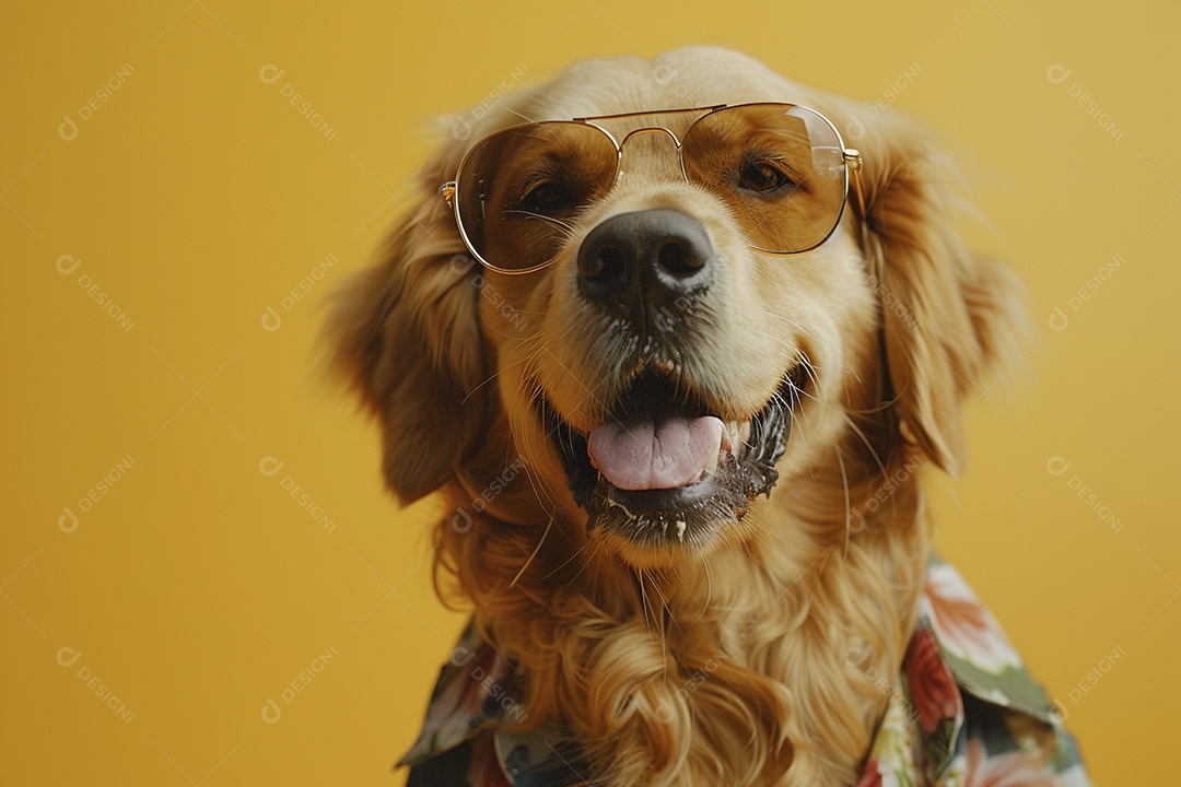 Golden Retriever vestindo roupas e óculos de sol em fundo isolado