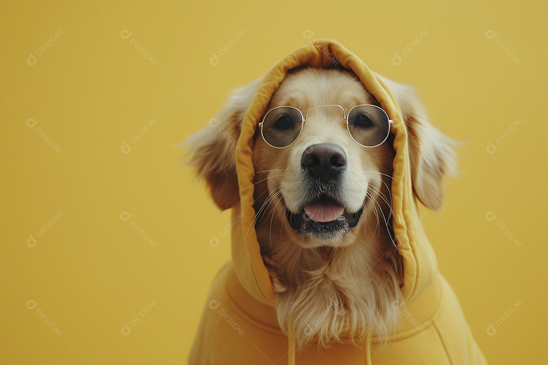 Labrador Retriever vestindo roupas e óculos de sol em fundo isolado