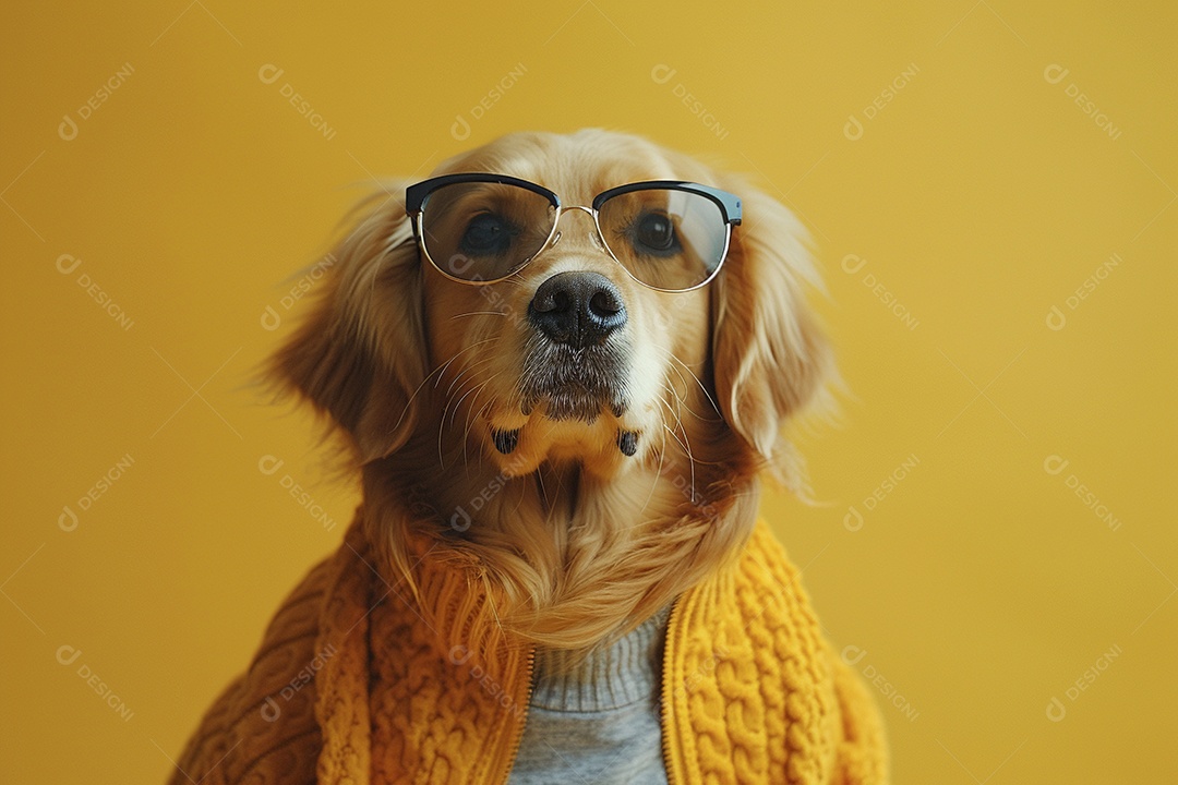 Labrador Retriever vestindo roupas e óculos de sol em fundo isolado