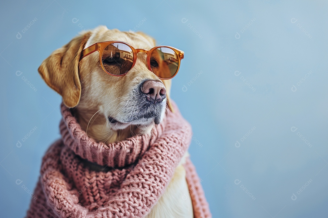 Labrador Retriever vestindo roupas e óculos de sol em fundo isolado