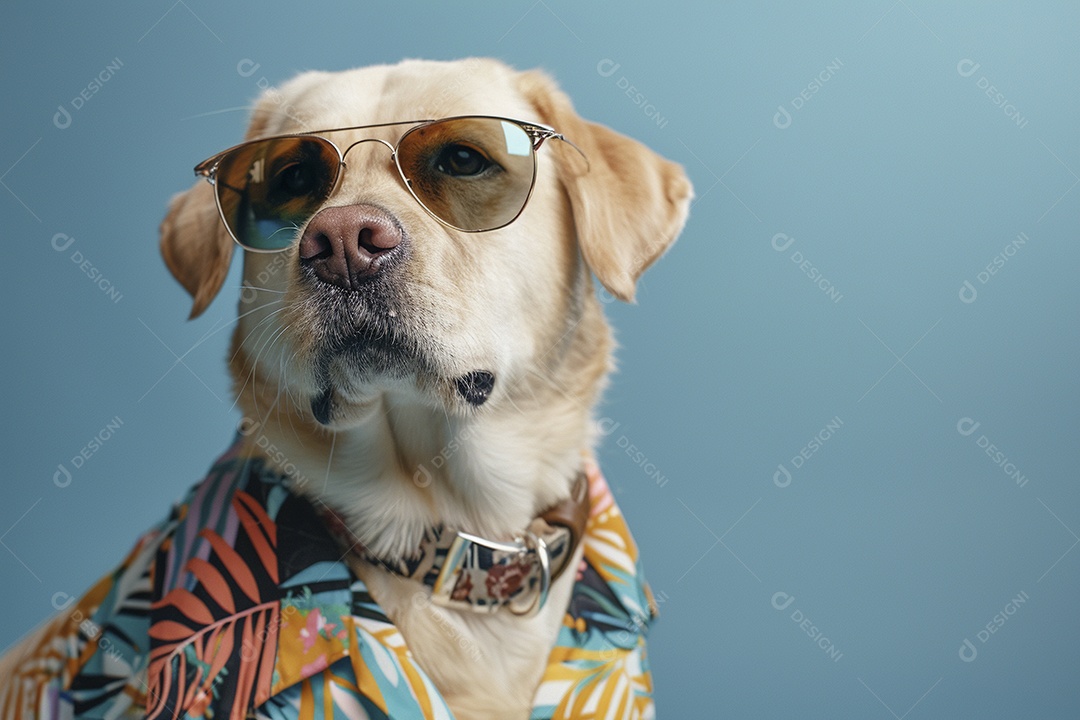 Labrador Retriever vestindo roupas e óculos de sol em fundo isolado