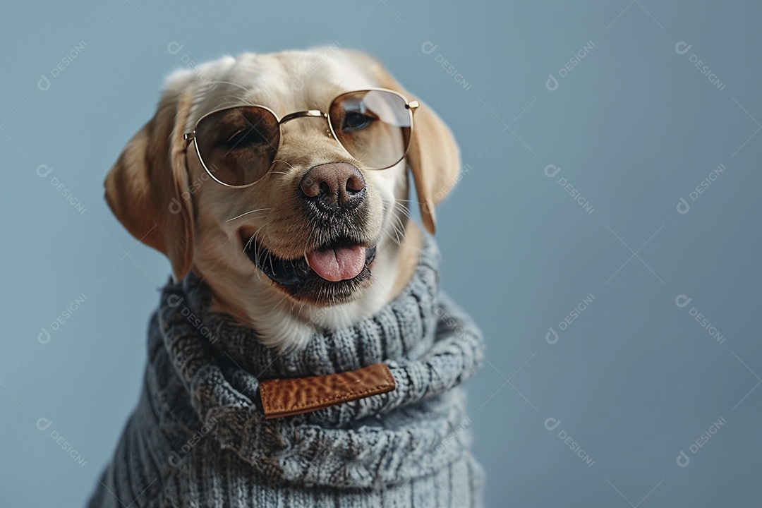 Labrador Retriever vestindo roupas e óculos de sol em fundo isolado