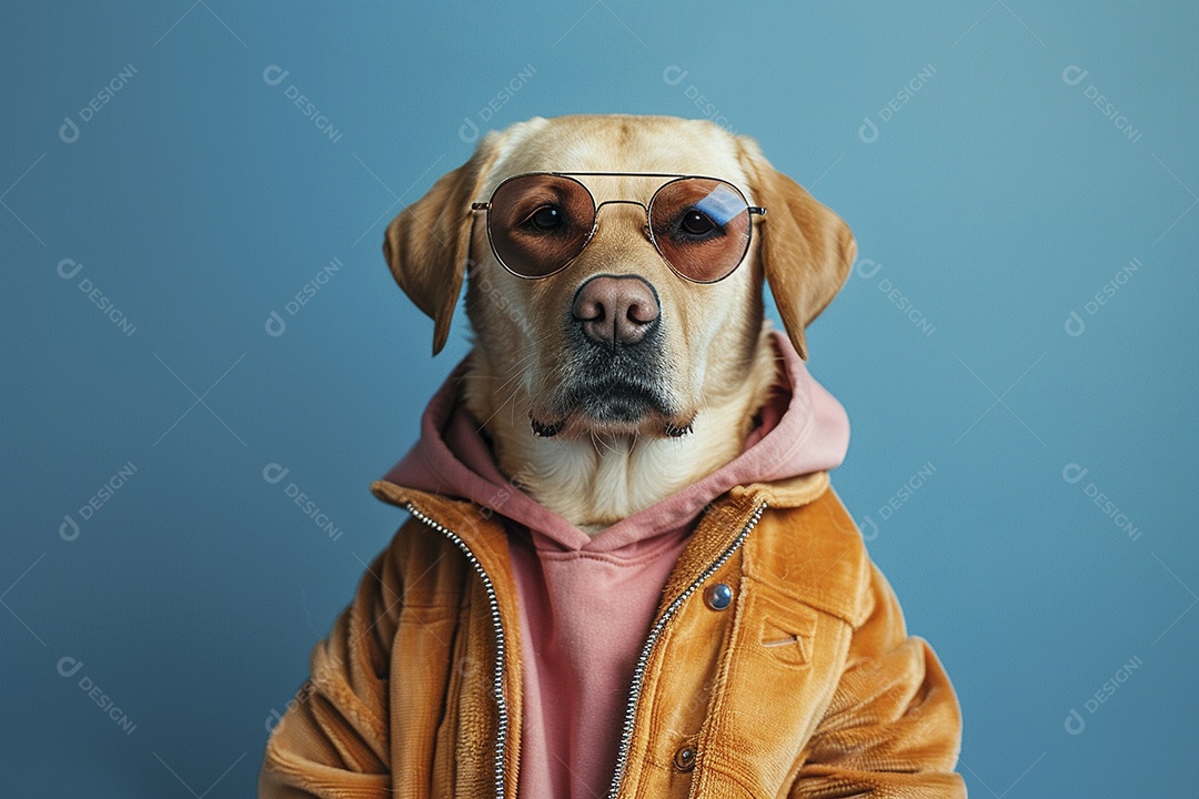 Labrador Retriever vestindo roupas e óculos de sol em fundo isolado