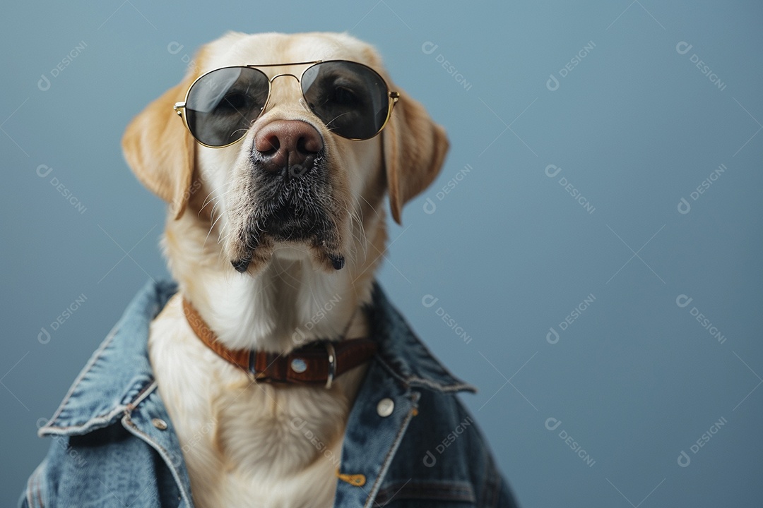 Labrador Retriever vestindo roupas e óculos de sol em fundo isolado