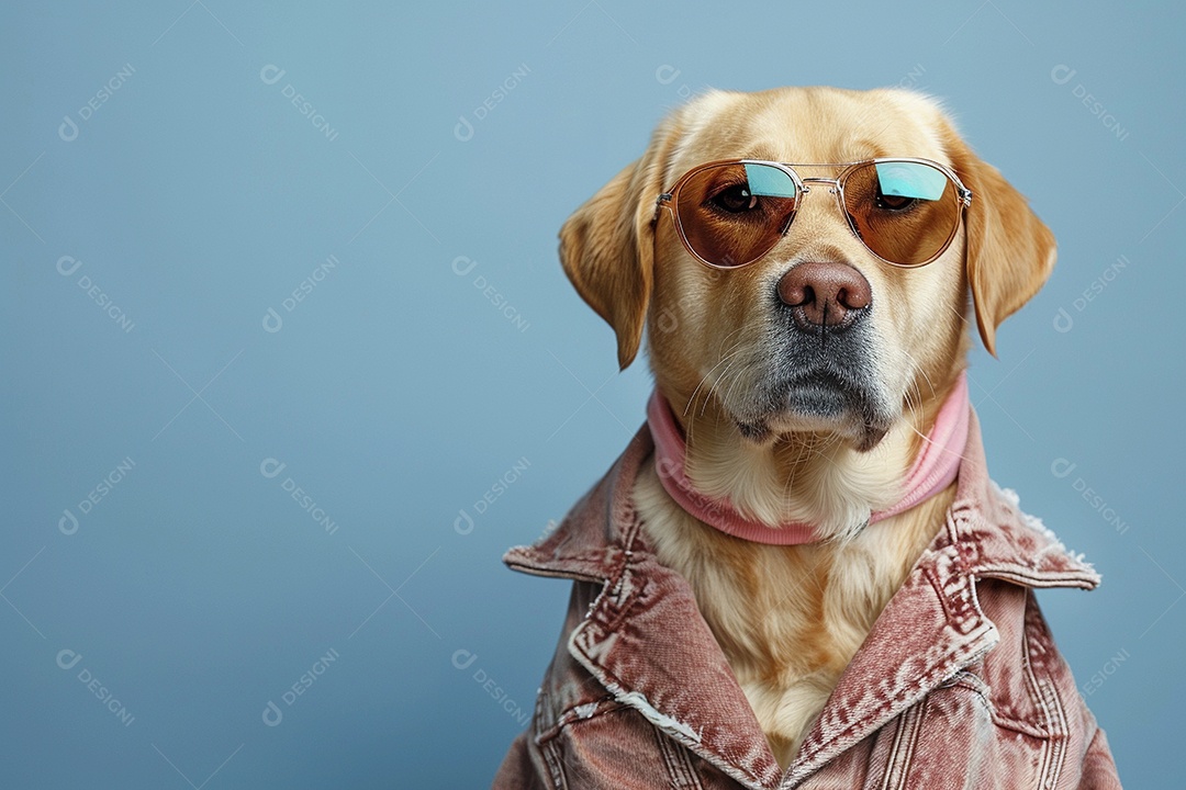 Labrador Retriever vestindo roupas e óculos de sol em fundo isolado