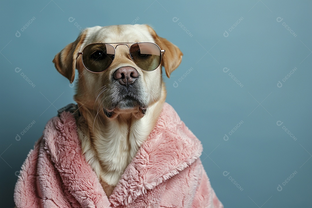 Labrador Retriever vestindo roupas e óculos de sol em fundo isolado