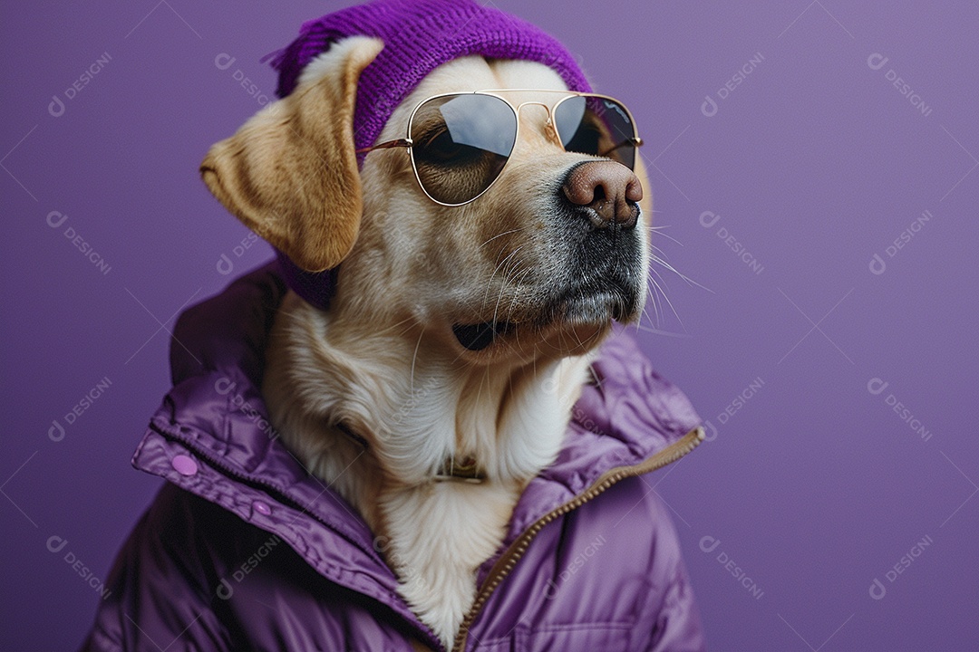 Labrador Retriever vestindo roupas e óculos de sol em fundo isolado