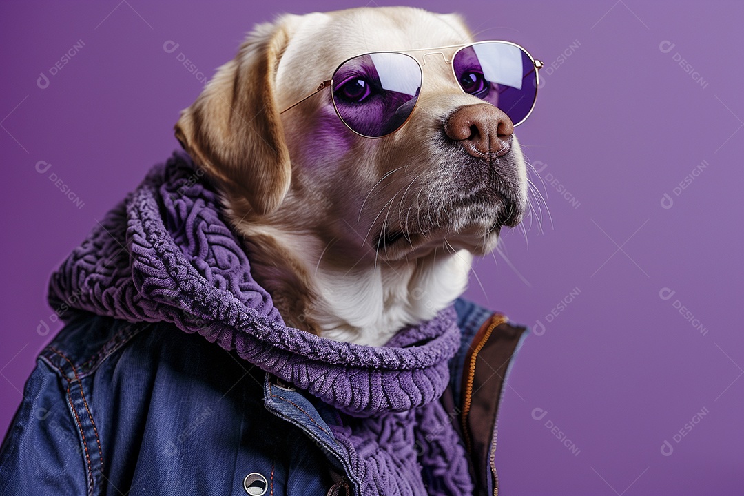 Labrador Retriever vestindo roupas e óculos de sol em fundo isolado