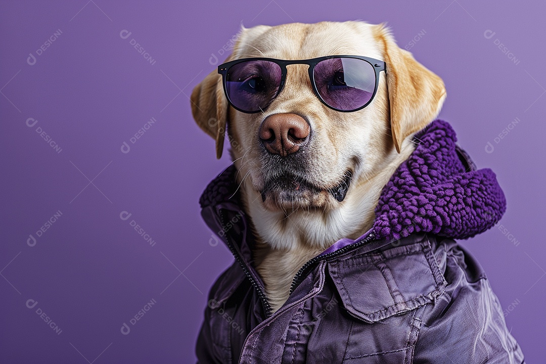 Labrador Retriever vestindo roupas e óculos de sol em fundo isolado