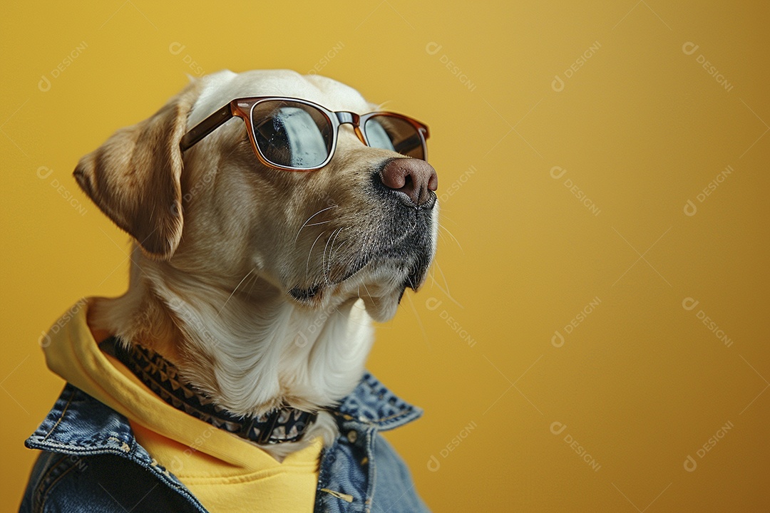 Labrador Retriever vestindo roupas e óculos de sol em fundo isolado