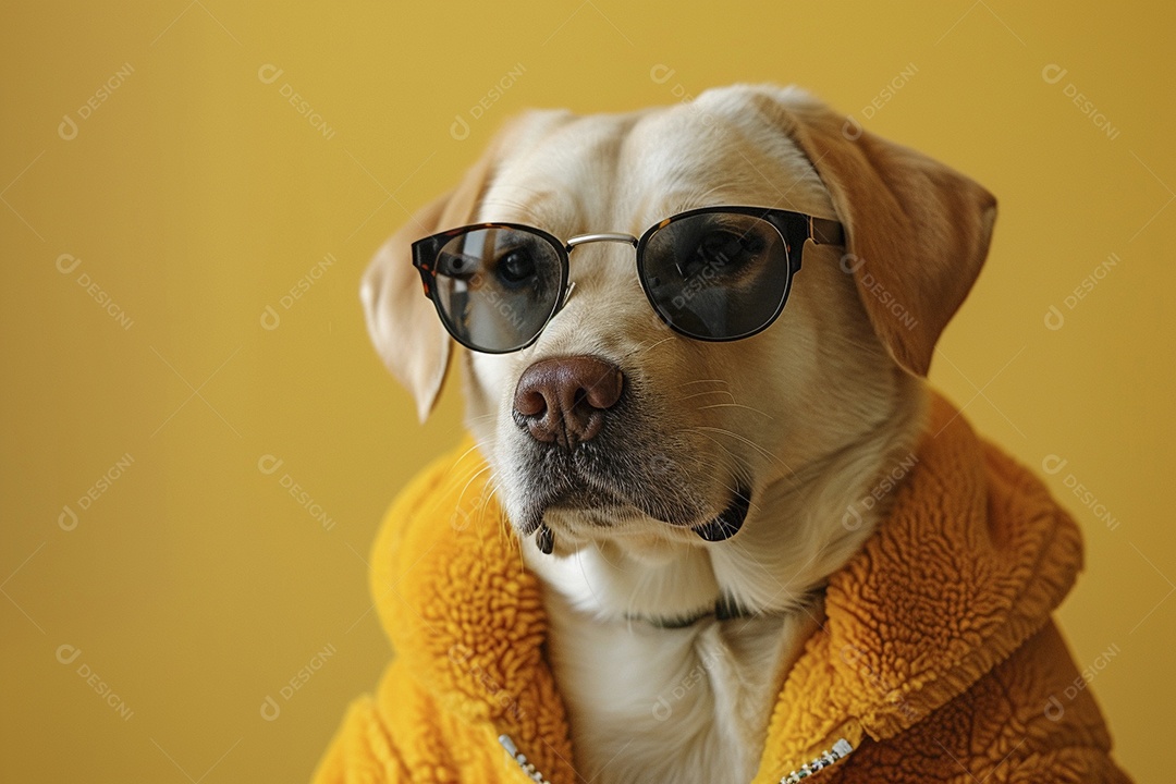 Labrador Retriever vestindo roupas e óculos de sol em fundo isolado