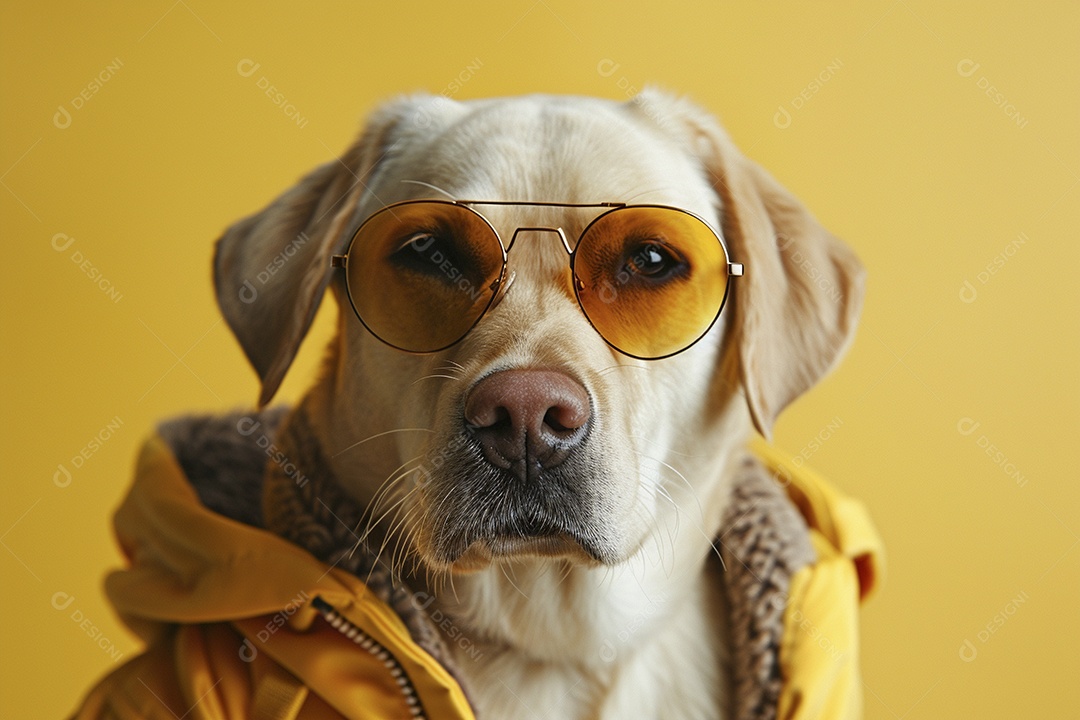 Labrador Retriever vestindo roupas e óculos de sol em fundo isolado