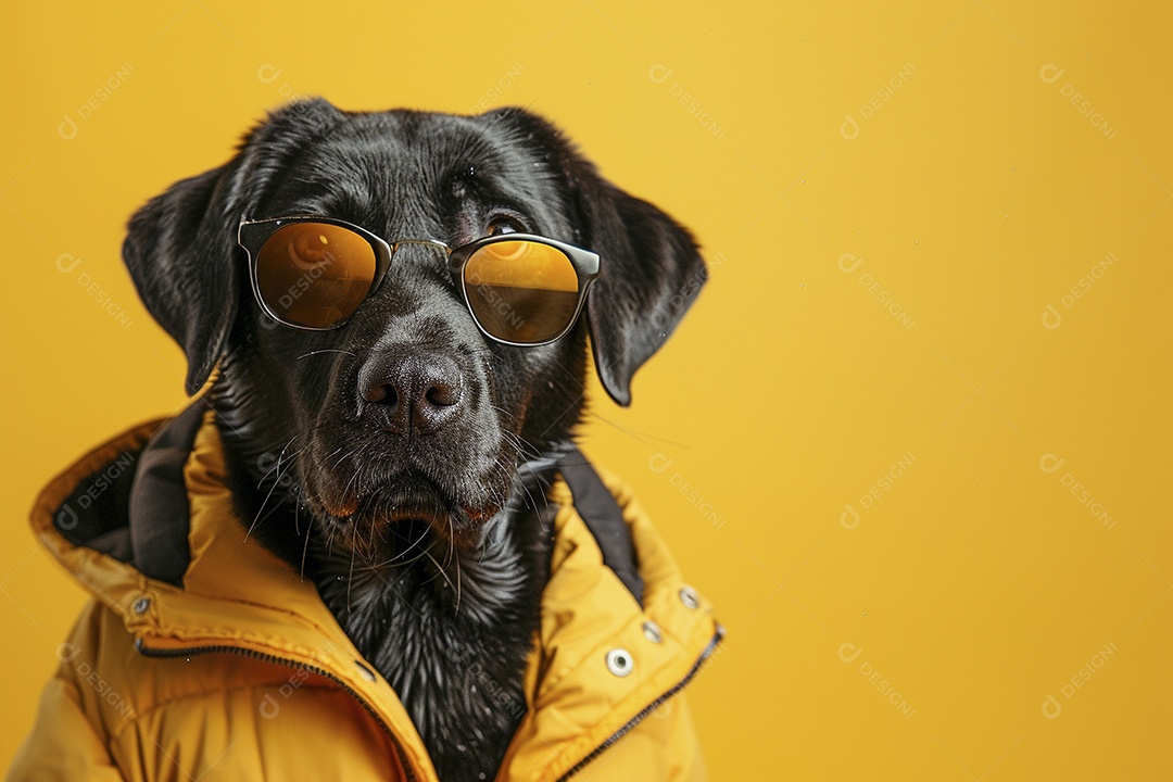 Labrador Retriever vestindo roupas e óculos de sol em fundo isolado