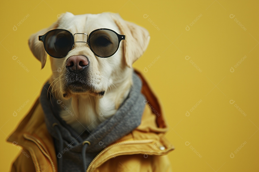 Labrador Retriever vestindo roupas e óculos de sol em fundo isolado