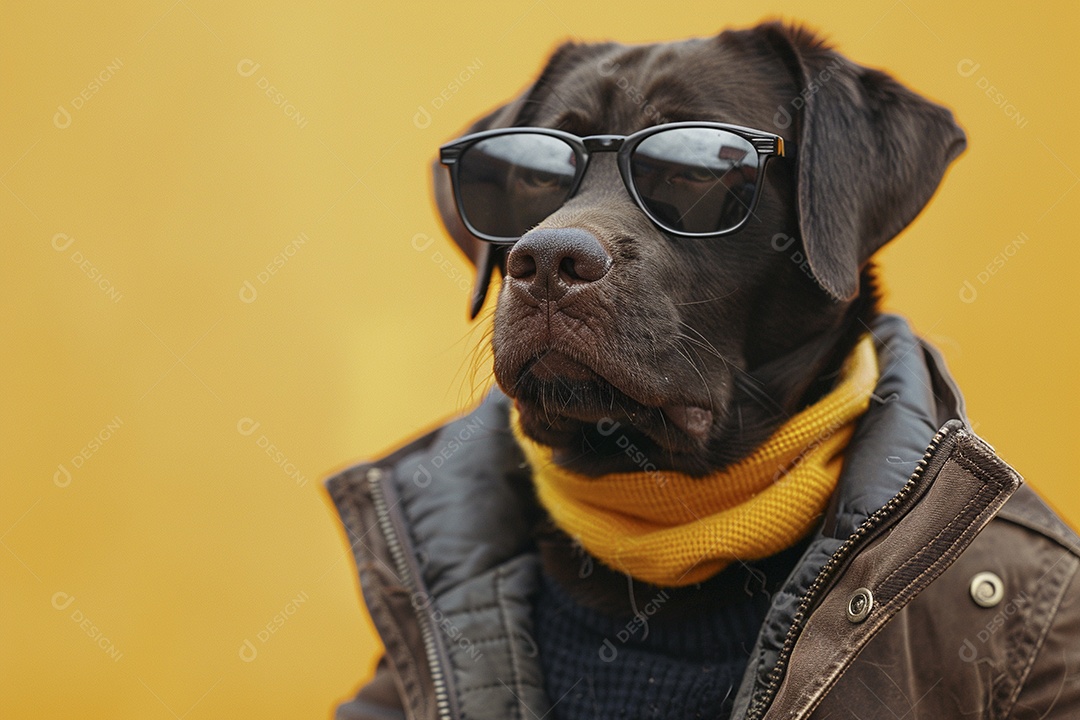 Labrador Retriever vestindo roupas e óculos de sol em fundo isolado