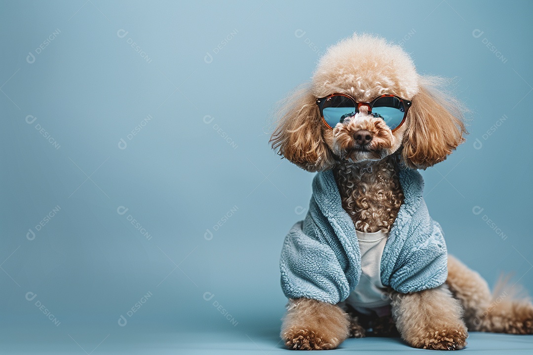 Poodle vestindo roupas e óculos de sol em fundo isolado