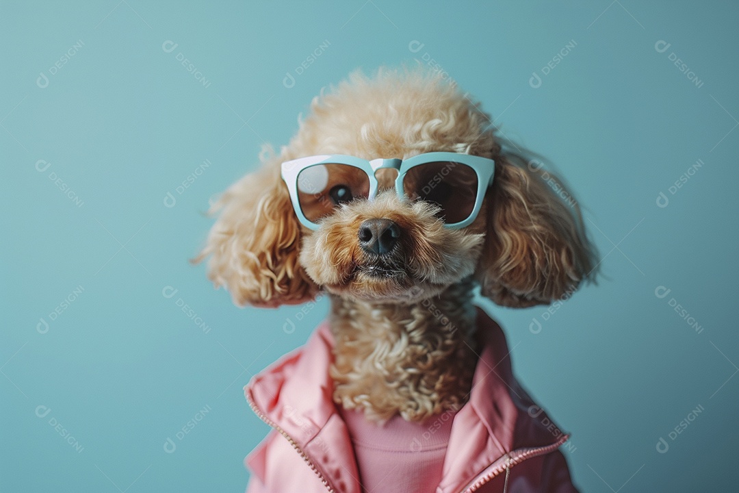 Poodle vestindo roupas e óculos de sol em fundo isolado
