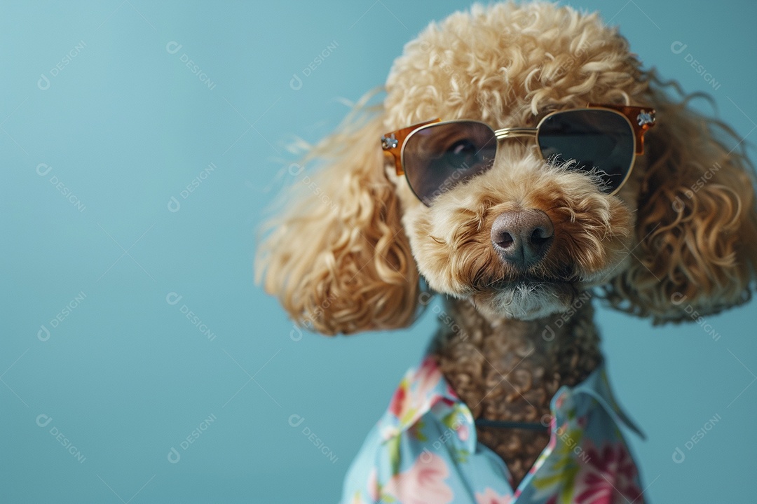 Poodle vestindo roupas e óculos de sol em fundo isolado