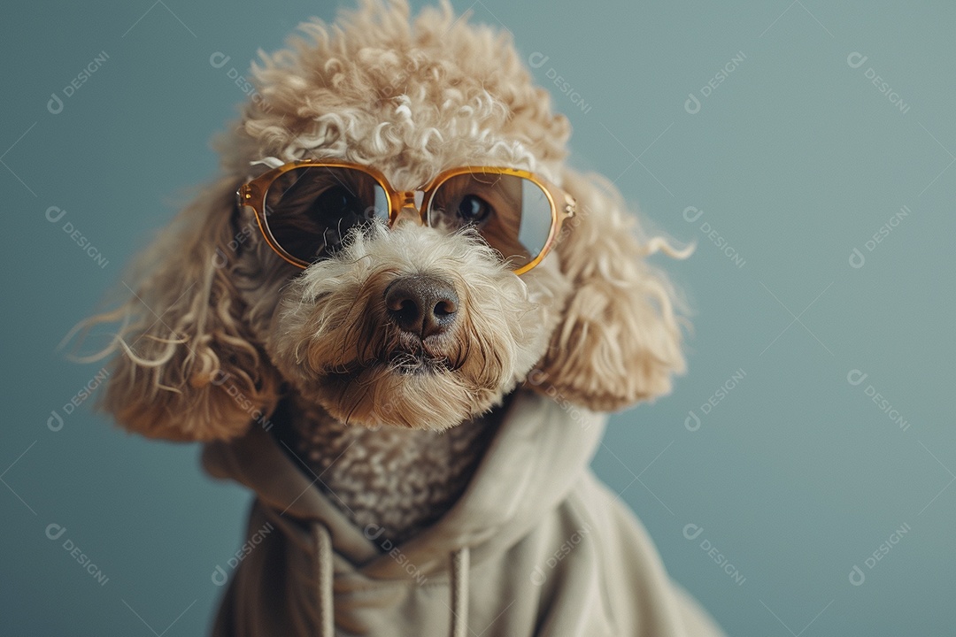 Poodle vestindo roupas e óculos de sol em fundo isolado