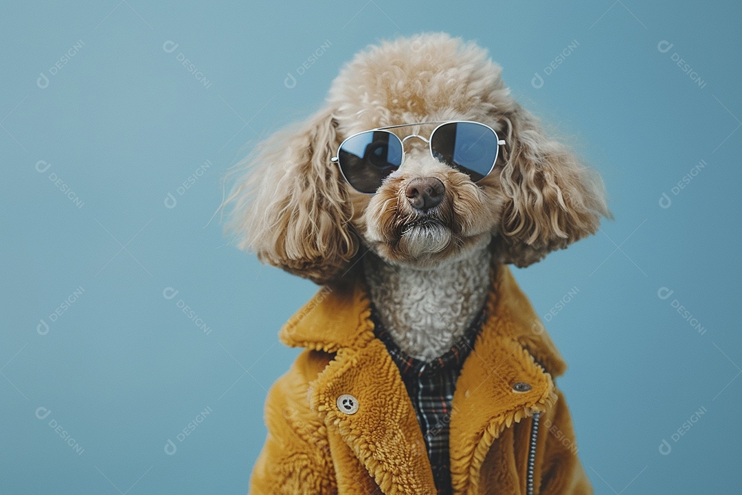 Poodle vestindo roupas e óculos de sol em fundo isolado