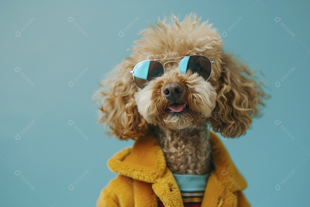 Poodle vestindo roupas e óculos de sol em fundo isolado