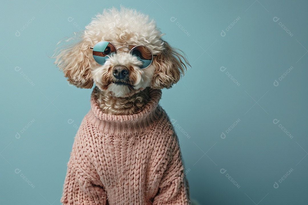 Poodle vestindo roupas e óculos de sol em fundo isolado