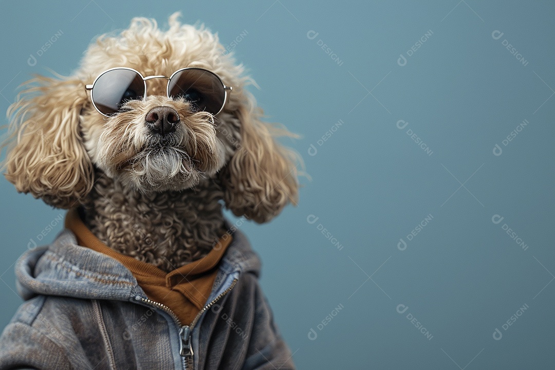 Poodle vestindo roupas e óculos de sol em fundo isolado