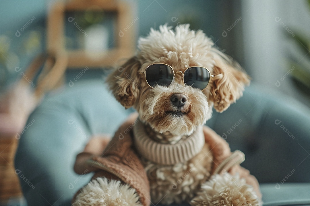 Poodle vestindo roupas e óculos de sol em fundo isolado