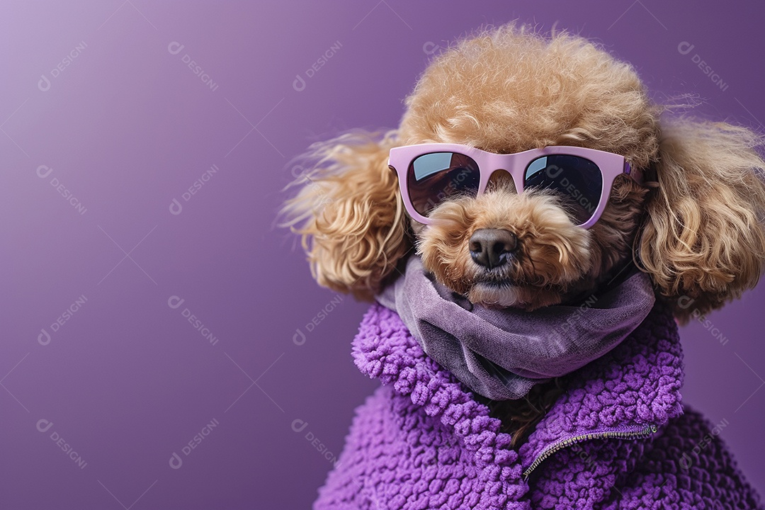 Poodle vestindo roupas e óculos de sol em fundo isolado