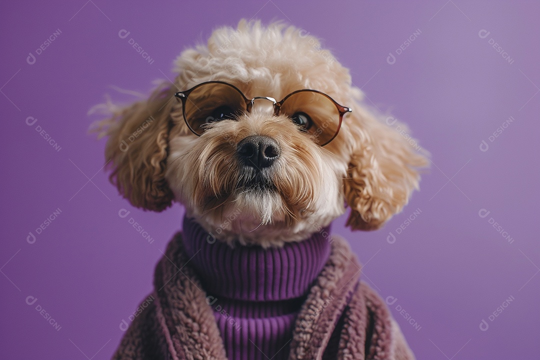 Poodle vestindo roupas e óculos de sol em fundo isolado