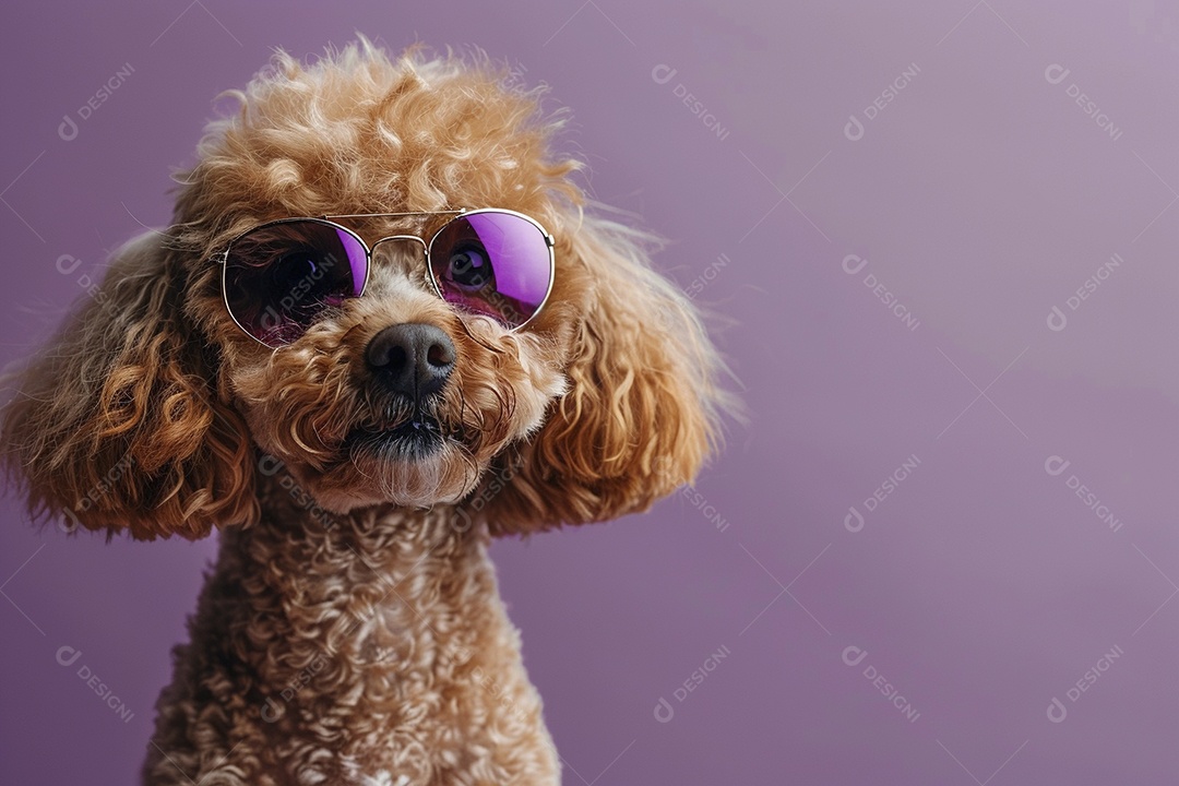 Poodle vestindo roupas e óculos de sol em fundo isolado