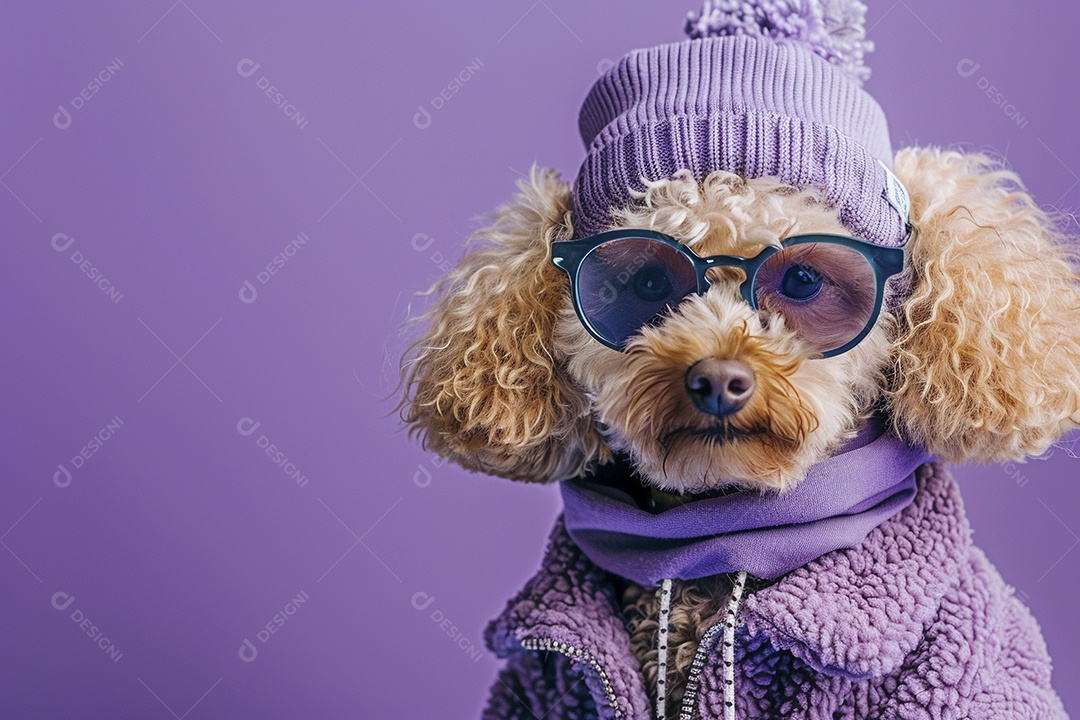 Poodle vestindo roupas e óculos de sol em fundo isolado