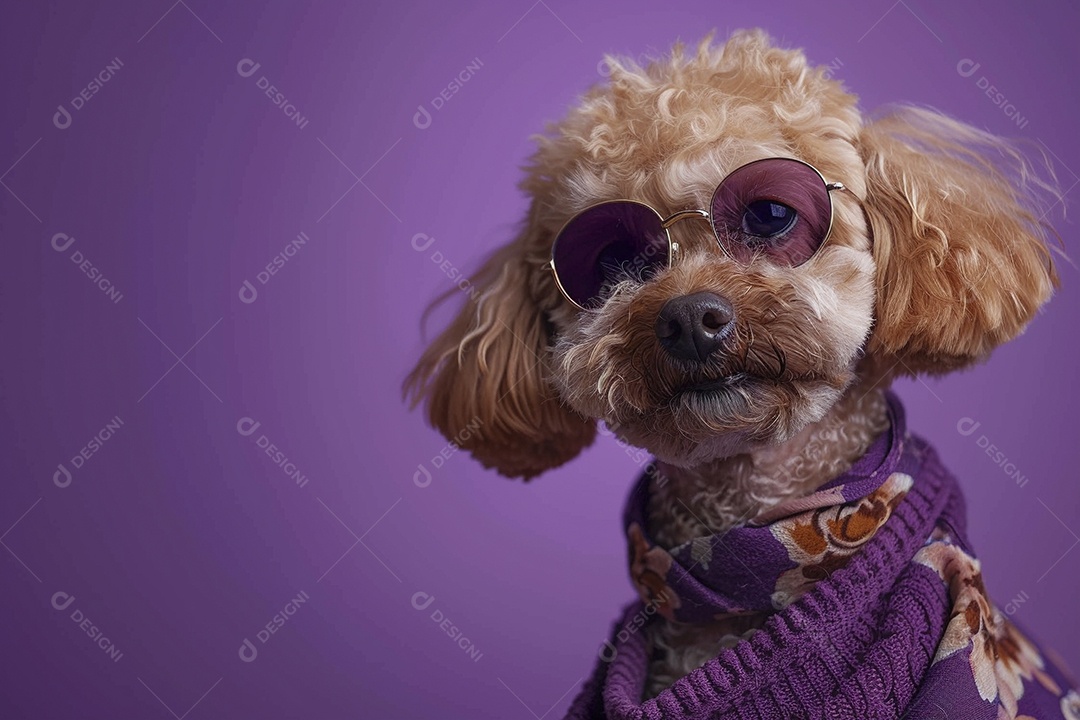 Poodle vestindo roupas e óculos de sol em fundo isolado