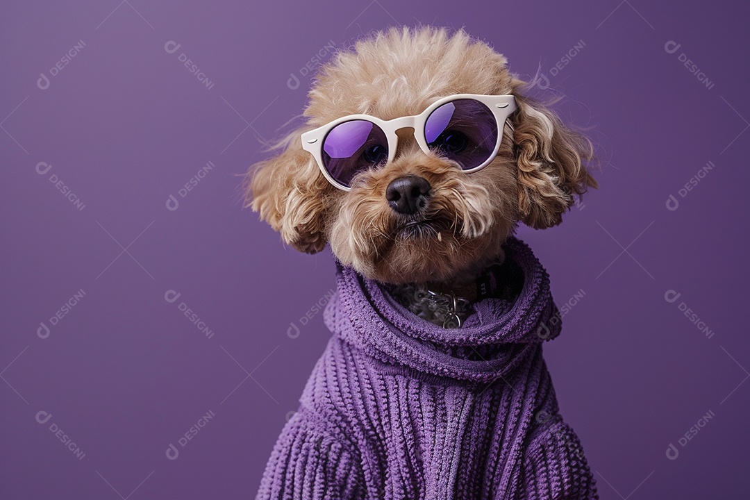 Poodle vestindo roupas e óculos de sol em fundo isolado