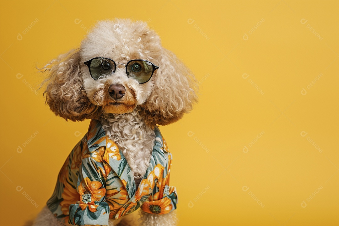 Poodle vestindo roupas e óculos de sol em fundo isolado
