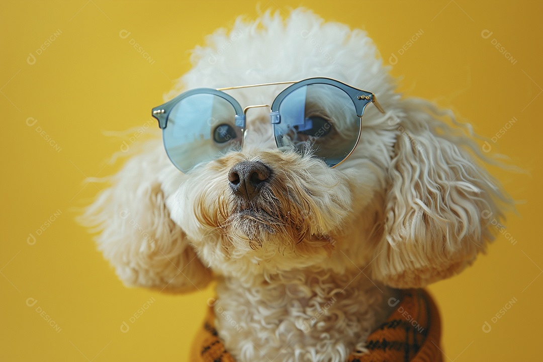 Poodle vestindo roupas e óculos de sol em fundo isolado