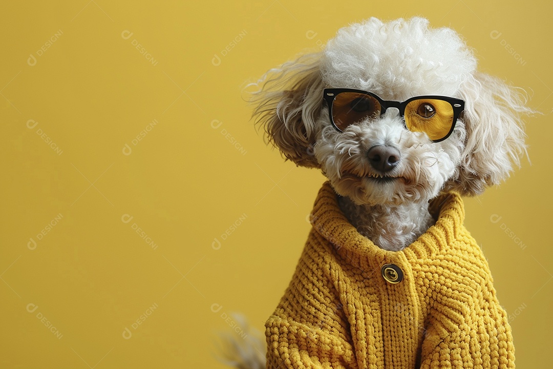 Poodle vestindo roupas e óculos de sol em fundo isolado
