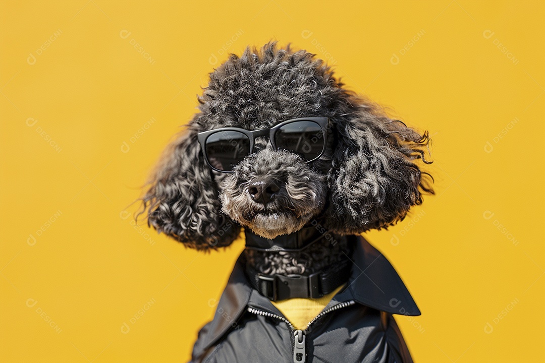 Poodle vestindo roupas e óculos de sol em fundo isolado