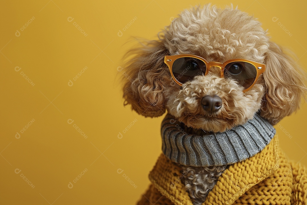 Poodle vestindo roupas e óculos de sol em fundo isolado