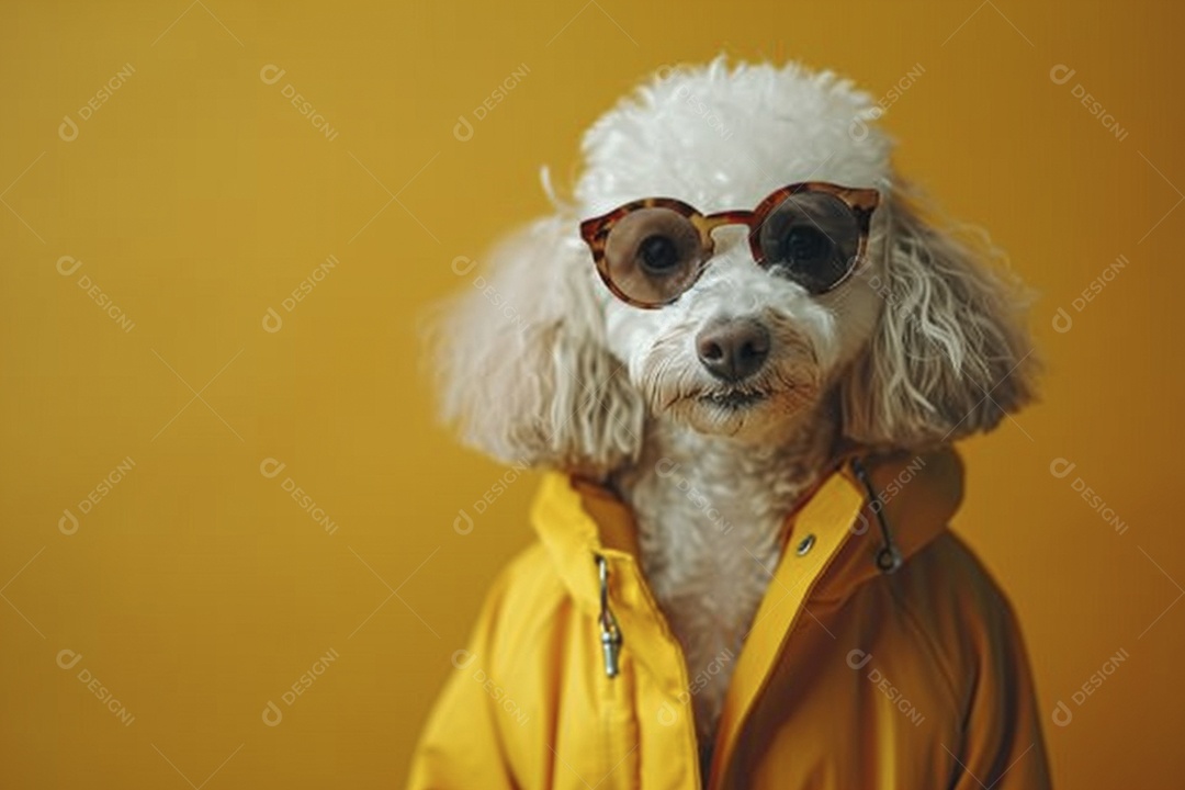 Poodle vestindo roupas e óculos de sol em fundo isolado