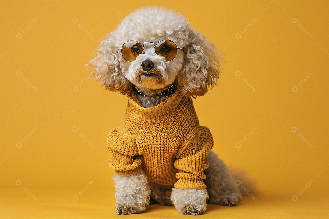 Poodle vestindo roupas e óculos de sol em fundo isolado