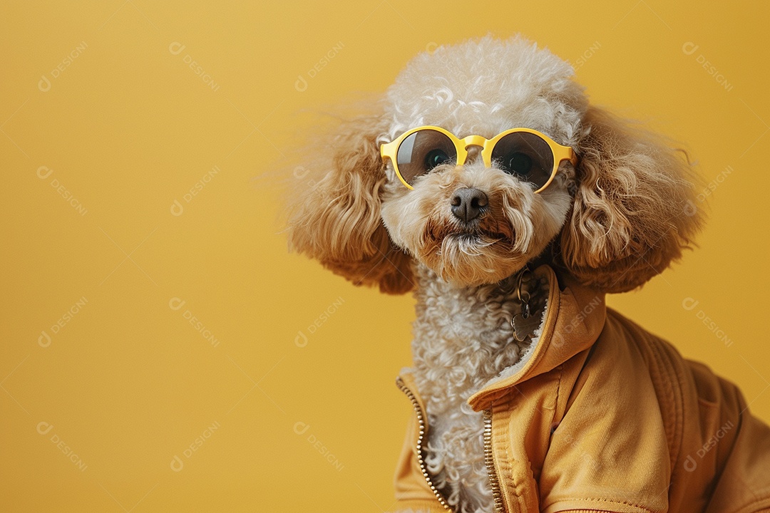 Poodle vestindo roupas e óculos de sol em fundo isolado