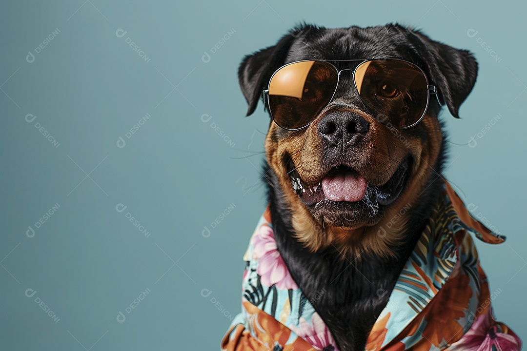 Rottweiler vestindo roupas e óculos escuros em fundo isolado
