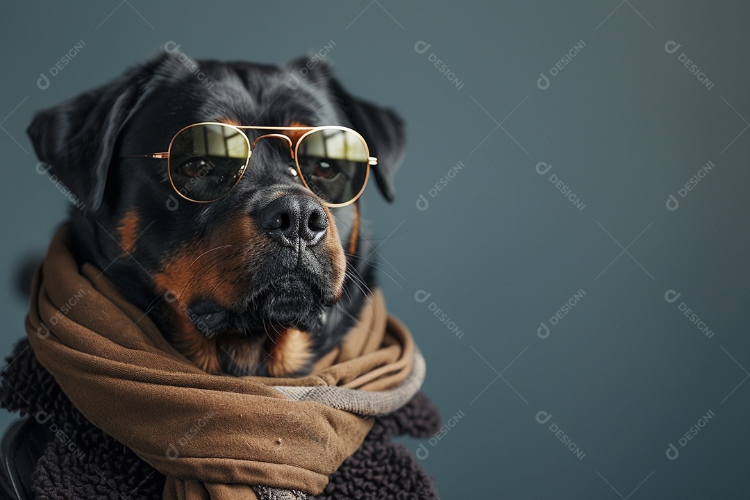 Rottweiler vestindo roupas e óculos escuros em fundo isolado