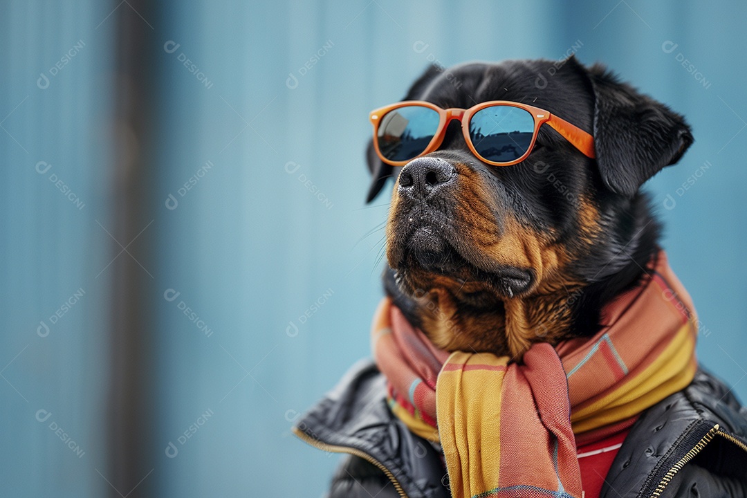 Rottweiler vestindo roupas e óculos escuros em fundo isolado