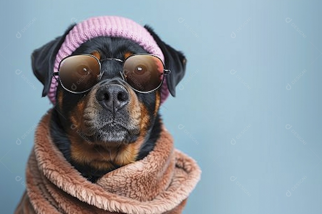 Rottweiler vestindo roupas e óculos escuros em fundo isolado