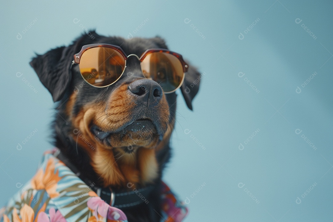 Rottweiler vestindo roupas e óculos escuros em fundo isolado