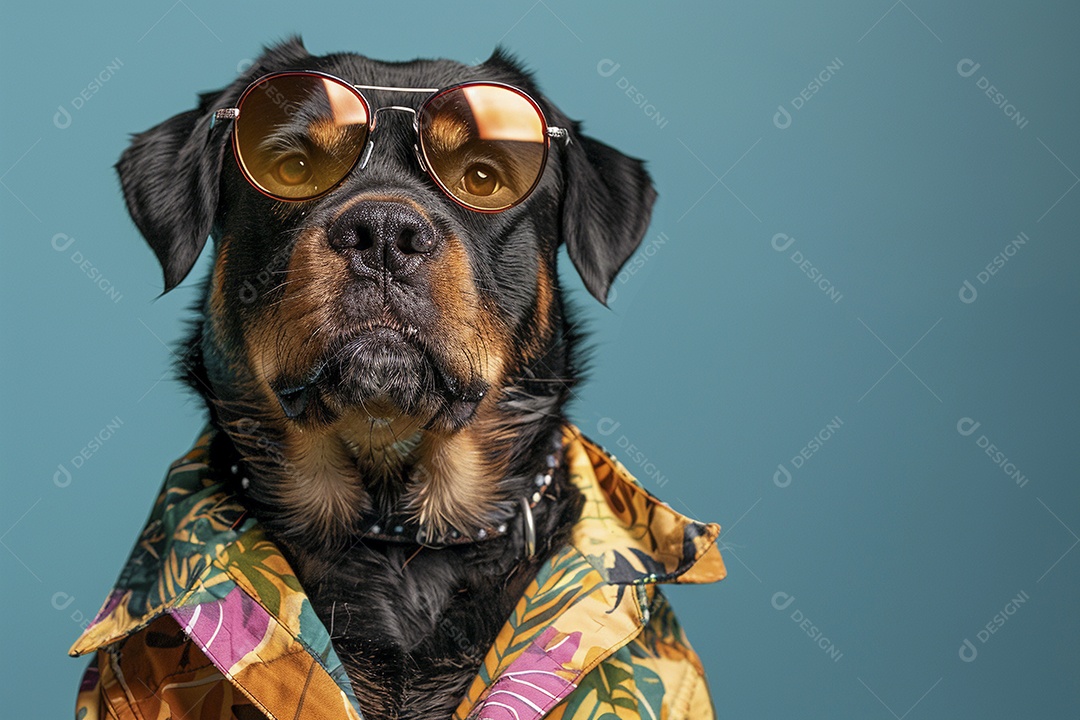 Rottweiler vestindo roupas e óculos escuros em fundo isolado