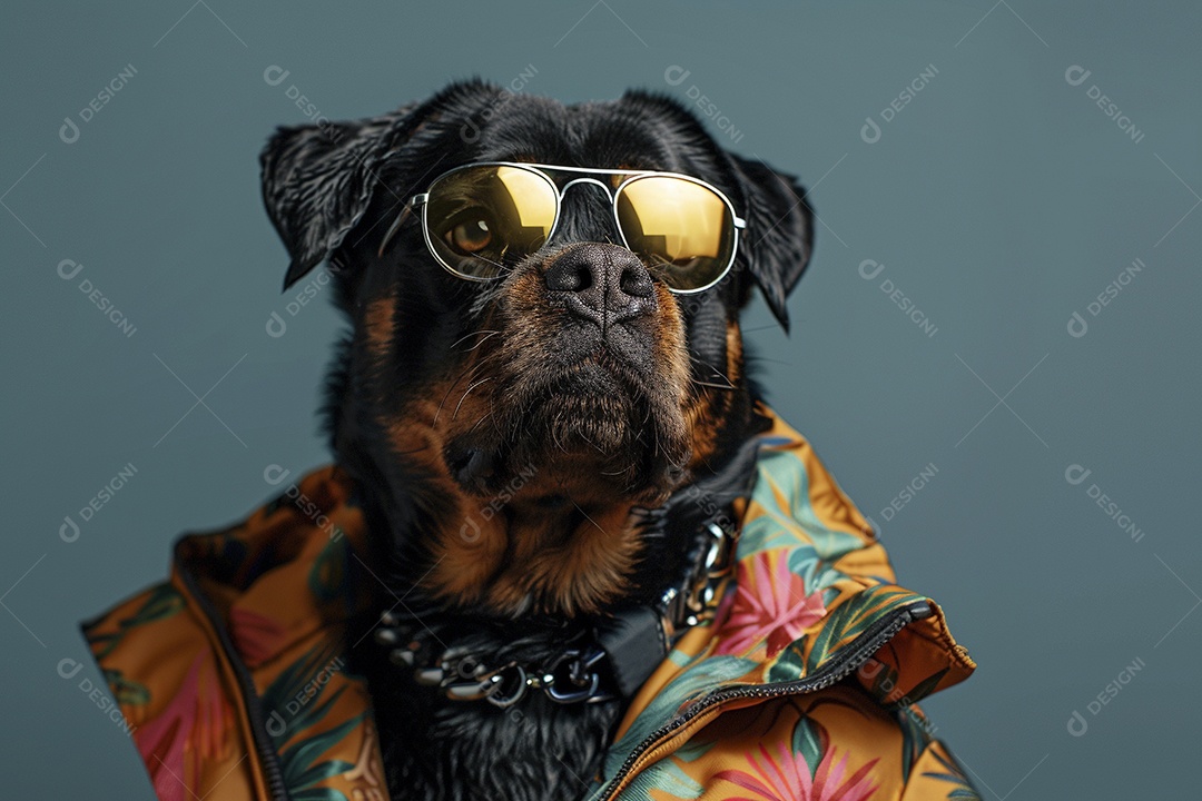 Rottweiler vestindo roupas e óculos escuros em fundo isolado